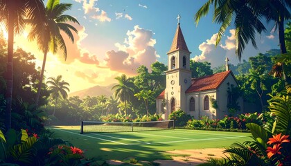 Naklejka premium Tropical Sunset Tennis Court and Historic Church