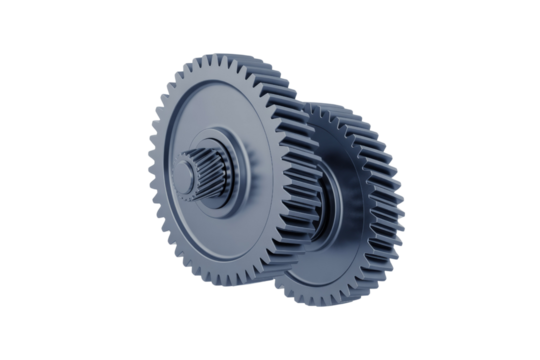 Two metallic gears meshing together, isolated on a transparent background. background removed