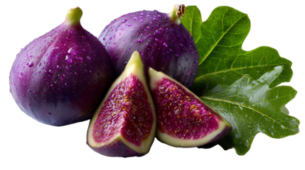 Fresh Figs: A close-up of juicy figs, their deep purple skin glistening with water droplets, alongside fresh green leaves.
