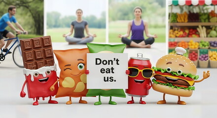 Junk temptation: unhealthy food character with trans fat, sweet, and fast meal cry don't eat us, urging balanced nutrition, fresh produce, wellness awareness, vitality, prevention, disease elimination