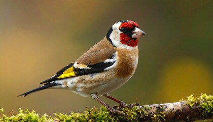 Fototapeta premium A beautiful goldfinch perches gracefully on a branch covered in moss, showcasing its vibrant colors and intricate plumage.