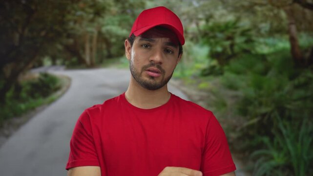 Young hispanic man wearing red shirt and matching cap pointing finger amid lush green forest; determination focus clarity direction.