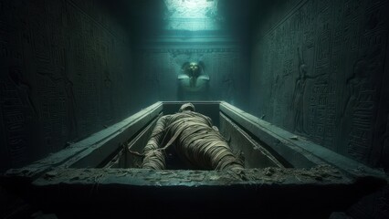 Mummy emerging from a sarcophagus in a dark, ancient tomb, eerie green light.