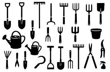 Obraz premium Collection of gardening tools displayed in black silhouette against a white background with various shapes and sizes