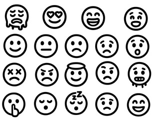 Collection of different emoticons showing various feelings, including happiness, sadness, and surprise on a white background