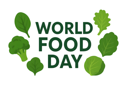 World Food Day text surrounded by various green leafy vegetables and broccoli, flat modern vector style, isolated on transparent background

 - Powered by Adobe