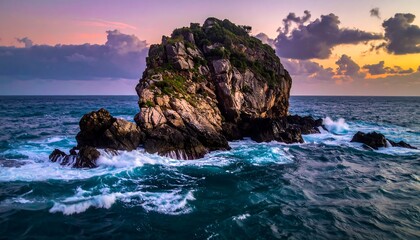 Dramatic coastal scenery showcases a solitary rock formation amidst a sea of turbulent waves at sunset.