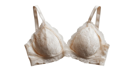 PNG of Elegant beige lace bra with delicate detailing and soft straps, perfect for adding style to everyday wear.