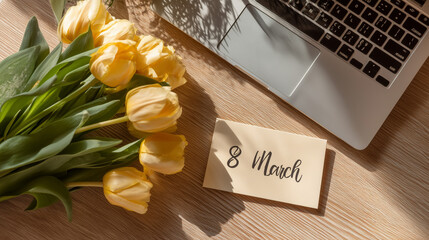 Yellow tulips and greeting card on desk with laptop for International Women’s Day  