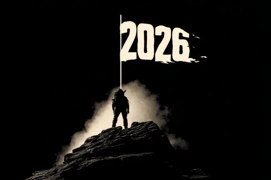 Hiker standing beside flag showing 2026 at mountain peak during sunrise