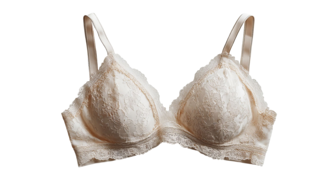 PNG of Elegant beige lace bra with delicate detailing and soft straps, perfect for adding style to everyday wear.