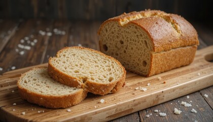 Freshly Baked Bread Loaf With Slices on Wooden Cutting Board and Rustic Background