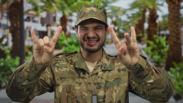 Man in camouflage uniform displays dogtag and rock horns gesture in green park; fun metal excitement.