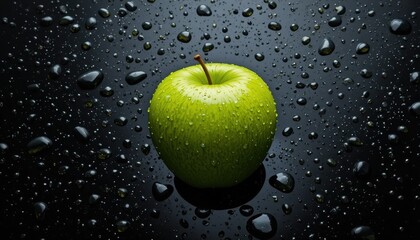Bright Green Apple Surrounded by Water Droplets on a Dark Surface
