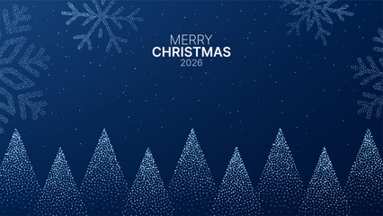 Merry Christmas 2026 text with shimmering snow, snowflake, and pine tree on blue background for greeting card design.