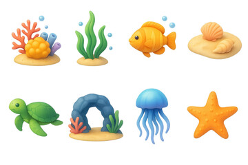 3D Underwater Icons. Underwater landscapes set of icons in 3D color style: reef with colorful coral, seaweed and bubbles, fish swimming, sandy floor