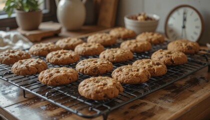 Freshly Baked Cookies Cooling on a Wire Rack in a Cozy Home Kitchen Setting