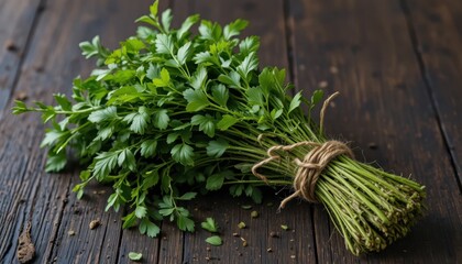 Freshly Picked Parsley Bundle on Wooden Table With Earthy Tones and Rustic Charm