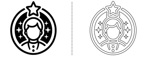 Vector icon of successful person with star above head inside circle, symbol of leadership, talent recognition, motivation, achievement, personal growth and career excellence