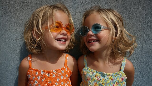 5-year-old twin sisters, smiling and wearing colorful glasses - Powered by Adobe