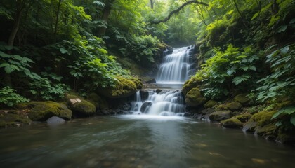 Serene Waterfall Cascading Through Lush Greenery in a Tranquil Forest Setting