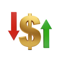 Obraz premium Golden Dollar Sign Red Green Arrows Isolated On Transparent Background
