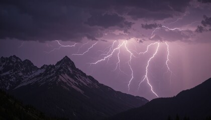 Lightning Strikes Illuminate Dark Mountain Landscape During Stormy Night
