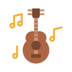 A brown acoustic guitar with musical notes floating around it on a transparent background representing music and melody