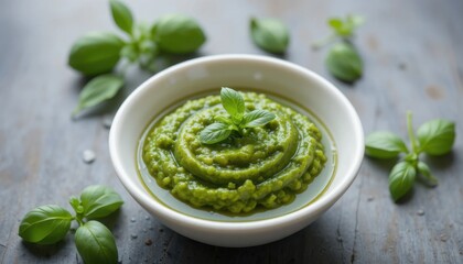Fresh Basil Pesto Served in a Bowl With Green Herbs on a Rustic Wooden Table