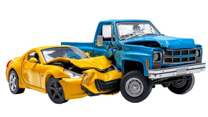 PNG of A vibrant yellow sports car and a blue pickup truck collide in a dramatic miniature car accident scene.