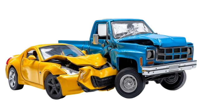 PNG of A vibrant yellow sports car and a blue pickup truck collide in a dramatic miniature car accident scene.