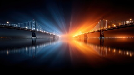 Nighttime view of illuminated suspension bridges with dramatic reflections and vibrant light beams over calm waters