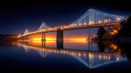Fototapeta premium Stunning Night View of a Illuminated Bridge with Reflections Over Calm Waters