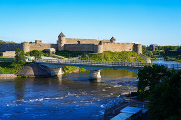Friendship Bridge on the border between EU and Russia between the city of Narva in Estonia with the town of Ivangorod in Russia, closed to car traffic since February 2024