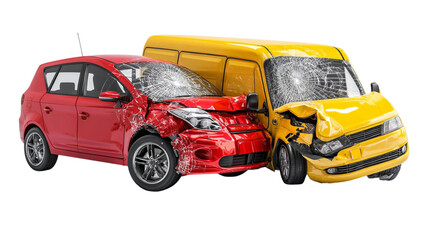 PNG of A dramatic collision scene featuring a red car and a yellow van with significant damage and shattered windows.