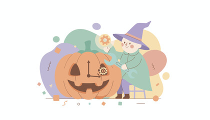 Naklejka premium Whimsical wizardmechanic fixing a Halloween pumpkin with gears and clock hands