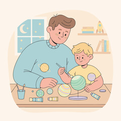 Father and son painting model planets together fostering creativity and learning at home