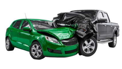 PNG of A green sedan and a black pickup truck involved in a severe collision, showcasing extensive front-end damage.