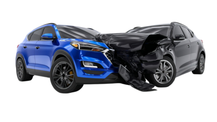PNG of A blue SUV and a black sedan involved in a serious car accident, showcasing significant damage to the front of the sedan.