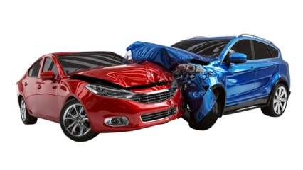 PNG of A dramatic car accident scene featuring a red sedan and a blue SUV, showcasing severe front-end damage.