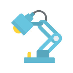 Fototapeta premium A minimalist flat design illustration of a light blue adjustable desk lamp with a yellow light bulb and a white accent on its stand isolated on a white background with a transparent background effect