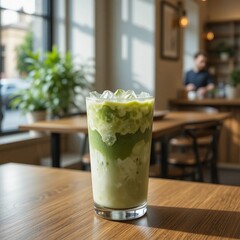 Refreshing Matcha Latte Drink in a Glass on a Wooden Table in a Cafe