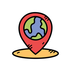 Red Location Pin Icon Featuring A Stylized Globe With Blue Continents And Green Land Masses On A Yellow Circle Base With White Background And Transparent Background