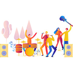A Diverse Group of Musicians Performs Energetically on Stage with Brightly Colored Instruments and Speakers Against a White Background Symbolizing a Lively Concert Atmosphere