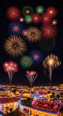 Colorful fireworks exploding over a brightly lit city during Diwali, a festival of light and celebration. Holiday event backdrop.