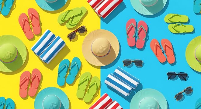 Summer Essentials: A vibrant composition of sunglasses, hats, flip-flops, and towels arranged on a bright yellow and blue background, celebrating the essence of summer relaxation and leisure.