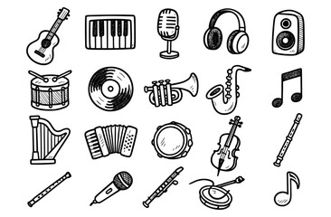 Hand drawn musical instrument doodles featuring guitar, piano, and microphone with artistic flair
