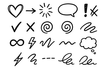 Hand drawn doodle set with arrows, hearts, speech bubbles, and swirls for creative design