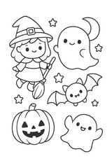 Cartoon set features a funny, child-like character illustration with a smiling face - Halloween doodle coloring