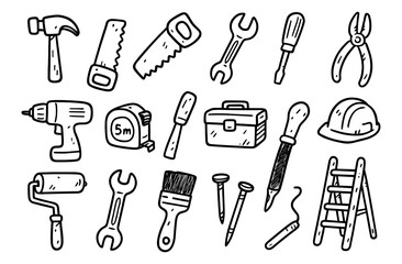 Obraz premium Hand-drawn tool icons: diy, construction, and repair essentials